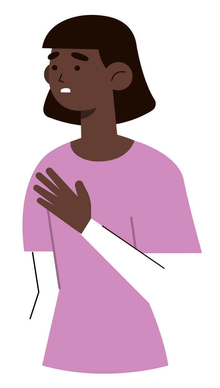 Woman with pink shirt holding up her left hand